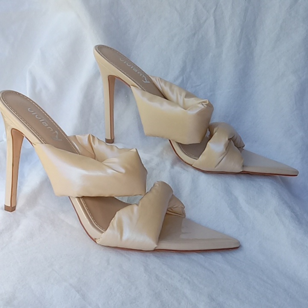 Vivianly Women's Pointed Toe Stiletto Heels Double Strap, Nude Size 10